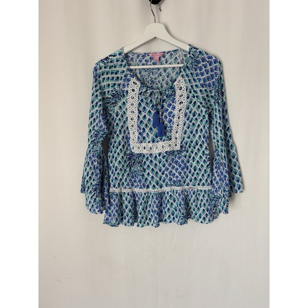 Lilly Pulitzer Top Blouse XS Blue Floral Boho Ruffles